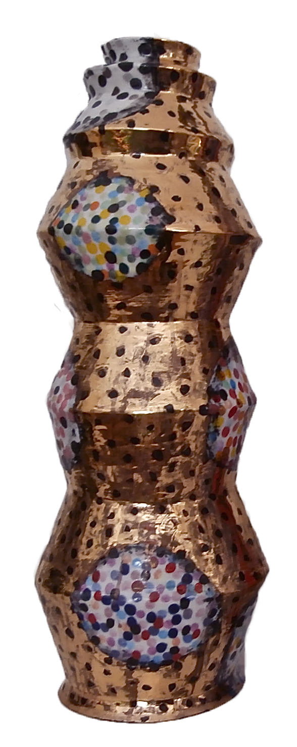 Three Sopranos (1) 55 x 18 cm hand-built porcelain with underglaze colour and metallic gold lustre, 2013